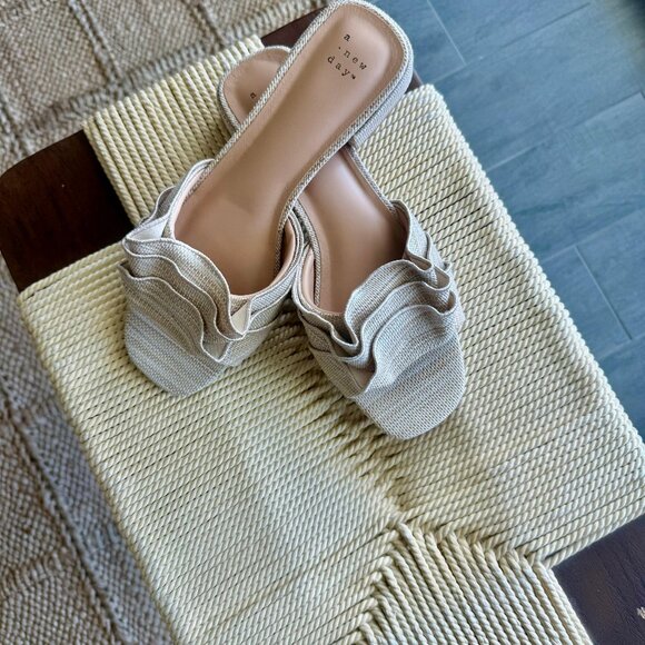 A New Day Raffia Ruffle Sandals – Beige Woven Block Heel Slides, Size 9.5 🌿 - Picture 7 of 7